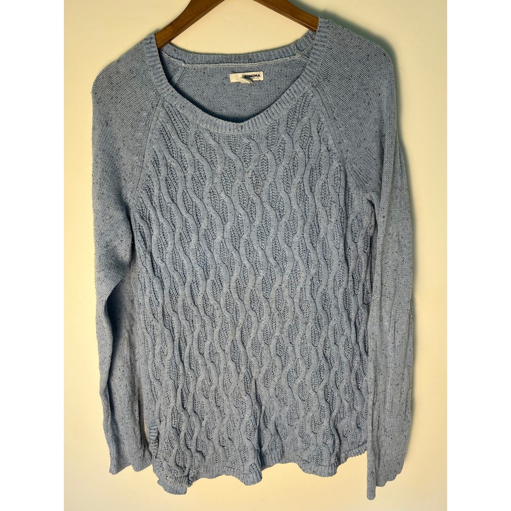 Sonoma L Sweater Cottagecore Light Blue Cable Knit Raglan Sleeve Pullover Cozy